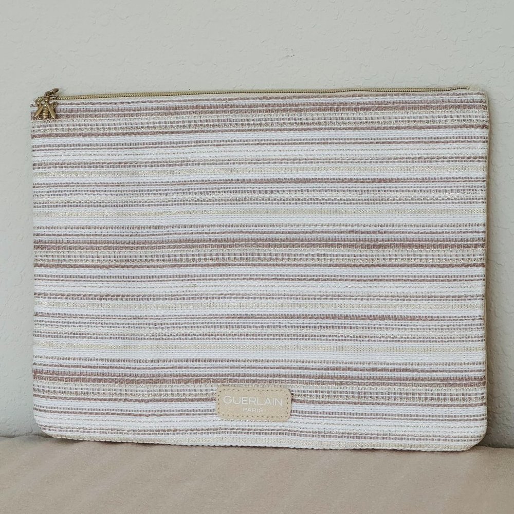 🌹 NEW 🌹 Guerlain Paris Golden Pouch Bag Beige Golden Stripes, Great for iPad